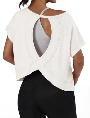 Image of GRECERELLE Women's Loose Fit Workout T-Shirt Short Sleeve Gym Top with Open Back for Running Yoga Pilates - Quick Dry & Breathable (White, L)