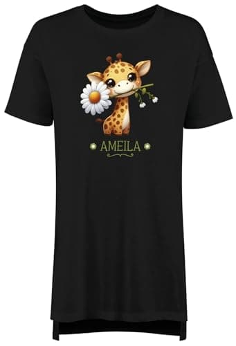 Image of Shopagift Personalised Giraffe Daisy Flower Women's Nightie Forest Animal Floral Night Shirt Black
