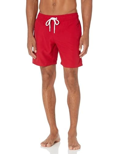Image of Amazon Essentials Men's Swimming Trunks with Mesh Lining, Pockets, Drawstring Closure, Red, XL