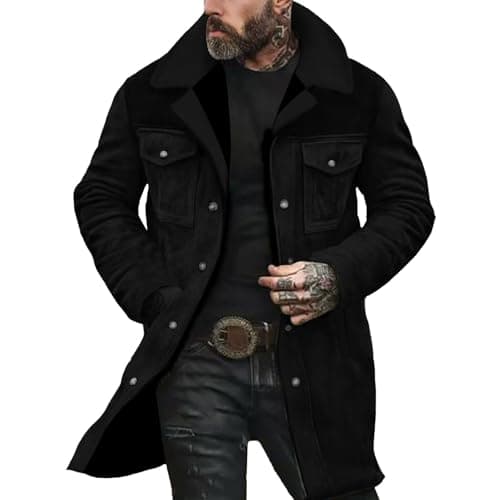 Image of Mens Casual Western Cowboy Suede Jackets Winter Coats Warm Fleece Sherpa Lined Faux Leather Peacoat Vintage Distressed Motorcycle Jacket Trench Coat Outwear Black
