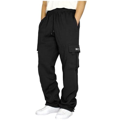 Image of Generic Men's Black Cargo Joggers XXL - Casual Fleece Drawstring Sweatpants with Pockets - Loose Fit Gym Running Sports Pants