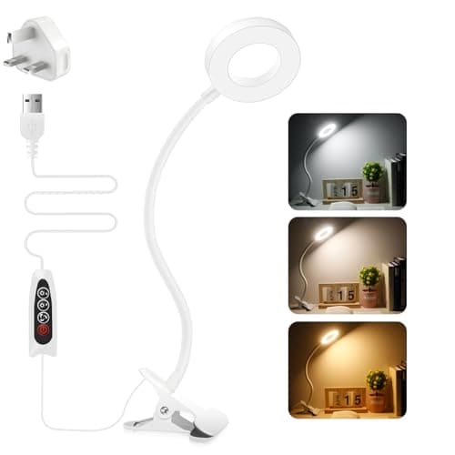 Image of Akynite 48 LED USB Reading Lamp Clip On Bed with Adapter, 7W Clip Desk Light, 3 Colours & 10 Brightness, Flexible Bedside Reading Lamp, LED Desk Clamp Light Dimmable for Craft Make Up, White
