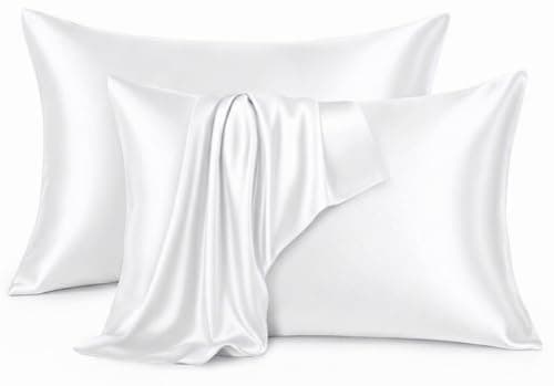 Image of Yorkshire Bedding White Satin Pillow Cases 2 Pack – Luxurious Silky Pillow Covers Soft as Silk Pillowcase For Hair and Skin with Envelope Closure Standard Size (50 x 75 cm)