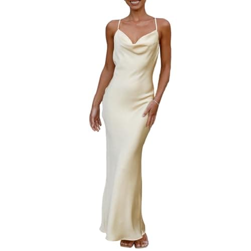 Image of FeMereina Women Summer Sexy Cowl Neck Spaghetti Strap Sleeveless Long Satin Dress Slit Club Slip Maxi Dress Wedding Guest Cocktail Midi Dresses (Yellow#1, XL)