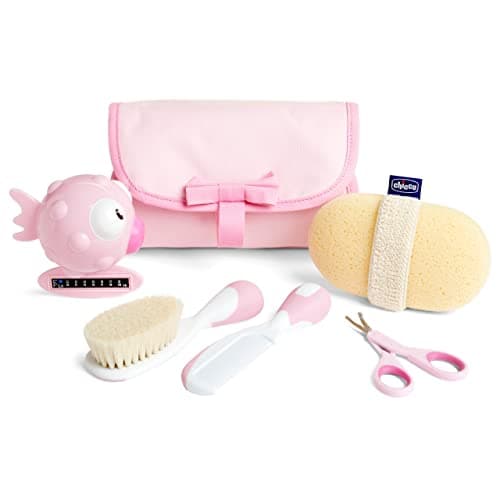 Image of Chicco My First Beauty Set 5-in-1, Chicco Hygiene Set for Newborns, Products for Hygiene Children, Comb, Brush, Nail Scissors, Thermometer and Bath Sponge, Baby Accessories 0 Months, Pink