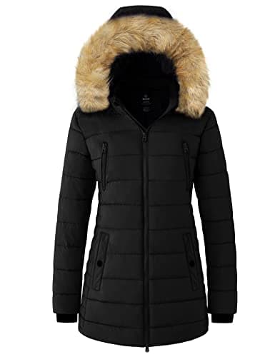 Image of Wantdo Women's Winter Warm Puffer Coat Water Resistant Outdoor Jacket Cotton Padded Jackets Faux Fur Hood Coats Black L