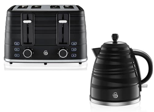 Image of Swan Symphony Black 1.7L 3KW Kettle and 4 Slice Toaster. Contemporary Matching Kettle and 4 Slice Toaster Set in Black High Gloss and Matt Finish SK31050BN / ST31054BN