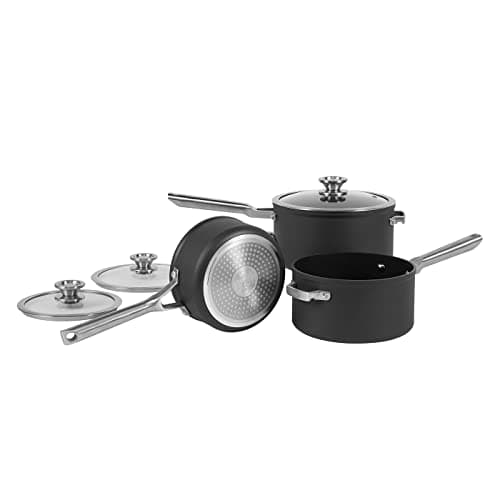 Image of Ninja Foodi ZEROSTICK Set of 3 Stackable Saucepans, Non-Stick Anodised Aluminium, 16 cm/18 cm/20 cm, Lids, All Hobs, Durable, Dishwasher-Safe, Grey, C53000EU