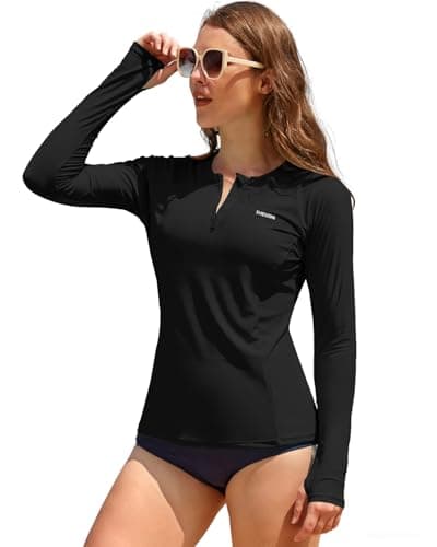 Image of SHEKINI Women's Rash Vest Zipper Long Sleeve UV Sun Protection Swim Shirt UPF 50+ Modest Rash Guard, Black, Small
