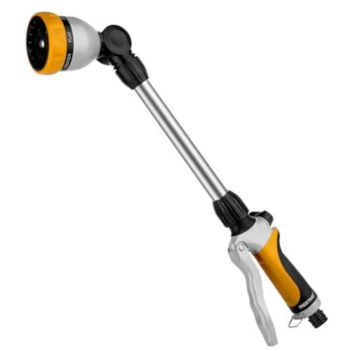 Image of RESTMO 48cm Watering Lance, Hose Pipe Spray Gun, Long Metal Spray Lance | 180° Adjustable Ratcheting Head | 7 Spray Patterns Garden Hose Wand, for Water Hanging Baskets, Shrubs, Yellow