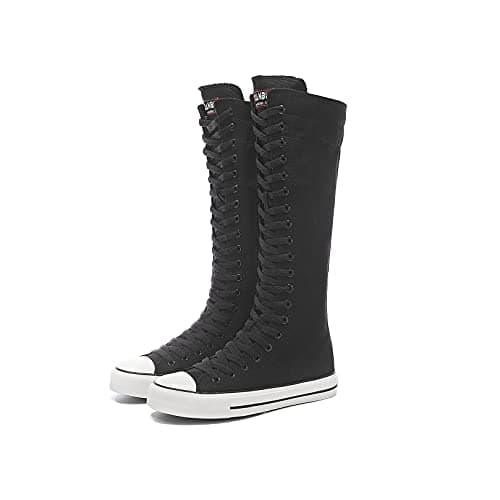 Image of Momuk Women Boots Mid Calf Knee High Tall Zipper High Lace up Stylish Punk Flat Sneaker Boots Shoes for Girls Black
