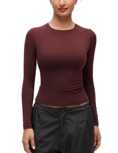 Image of CRZ YOGA Womens Softembrace Long Sleeve Soft Crew Neck Shirts Basic Stretchy Tight T-Shirts Casual Going Out Fall Fitted Tops Red Merlot 12