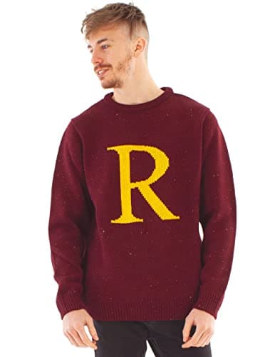 Image of Harry Potter R for Ron Adults Christmas Jumper | Men & Womens Ron Weasley Letter R Knitted Sweatshirt | Xmas Philosophers Stone Movie Merchandise Apparel Gift in Red | Festive Hogwarts Gift