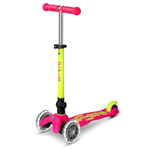 Image of Micro Scooters | Mini Micro Deluxe LED Children's Scooter | Handlebar Adjustable & Foldable | Extra Grippy Deck | Light Up Wheels | Foldable | 2-5yrs | Boys & Girls | Pink/Yellow