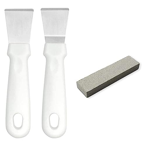 Image of 2Pcs Cleaning Scraper for Ovens, Stoves, Induction Hob,Freezer Stainless Steel Multi Kitchen Scraper with Grindstone (Straight Version + Bending Version) (White)