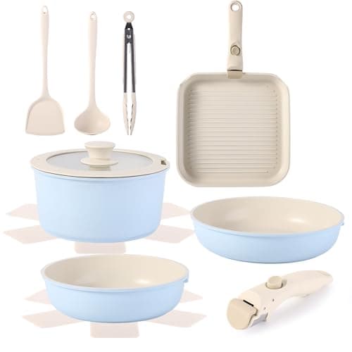 Image of 12 PCS Kitchen Cookware Sets with Detachable Handle,Pots and Pans Sets Non Stick, Induction Pan Set for RV Cookware,Oven Safe, PFOA Free(Blue)