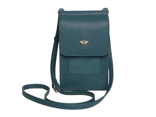 Image of Alice Wheeler Mini Bloomsbury Phone Bag – Teal Vegan Leather – Crossbody with Gold Bee Emblem – Magnetic Closure – Adjustable Strap – 21 x 12 x 2.5 cm
