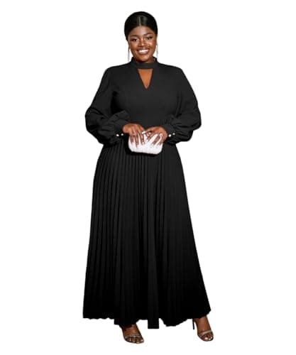 Image of AOMEI Women's Spring Plus Size Long Sleeve A Line Pleated Maxi Dress Ladies Cutout Mock Neck Wedding Guest Church Dresses (Black,XXL)