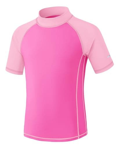 Image of Kids Rash Vest Short Sleeve UPF 50+ Sun Protection Boys Swim Top UV Shirts Quick Dry Girls Rash Guard with Safety Reflective Stripes Age 5-15 9/10 Years Pink