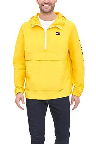 Image of Tommy Hilfiger Men's Retro Lightweight Taslan Popover Jacket Windbreaker, Yellow Stone, M