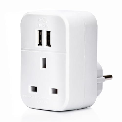 Image of STATUS UK to EU European Plug with USB Port Adapter, 3 Pin to 2 Pin European Travel Adaptor, White 2 Port USB Adapter Plug (S2USBTEURO)