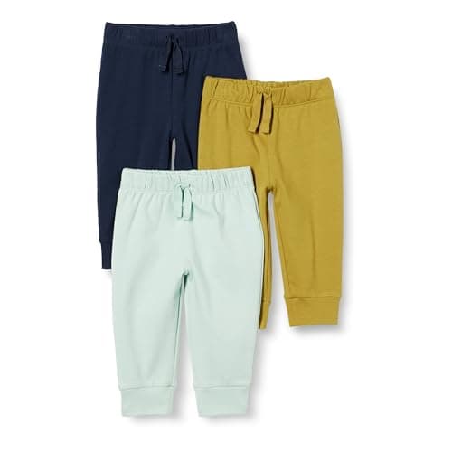 Image of Amazon Essentials Unisex Babies' Cotton Pull-On Trousers, Pack of 3, Navy/Olive/Pale Mint Green, 18 Months