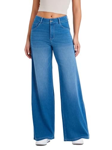 Image of LaiEr Wide Leg Jeans for Women with a Traditional Button and Zipper Placket Design,Straight Cut, Loose fit,Suitable for Casual, Yoga, Fitness High Elasticity Denim Pants.(Medium Light blueL)