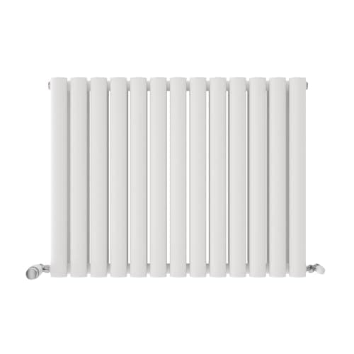 Image of iBathUK Strata Wall-Mounted Horizontal Double Oval Panel Radiator, 13 Column Steel High Thermal Output Hydronic Central Heating, Designer Modern Radiator in Matt White, 600×767mm