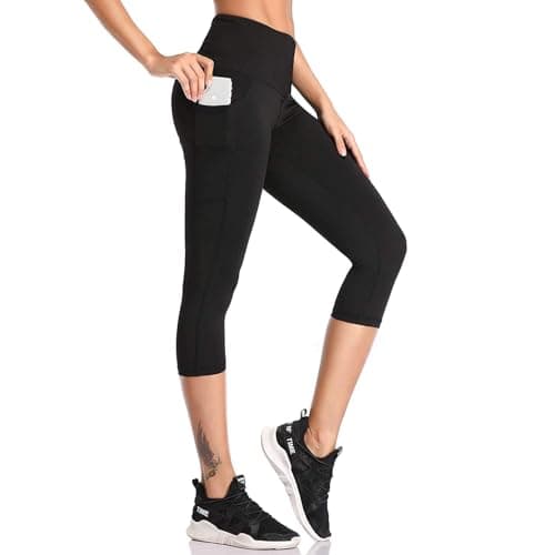 Image of SIMIYA Womens Sports Leggings High Waist Cropped Leggings with Pockets 3/4 Length Capris Pants Sports Gym Workout Running Yoga Pants (Capris-Black,L)