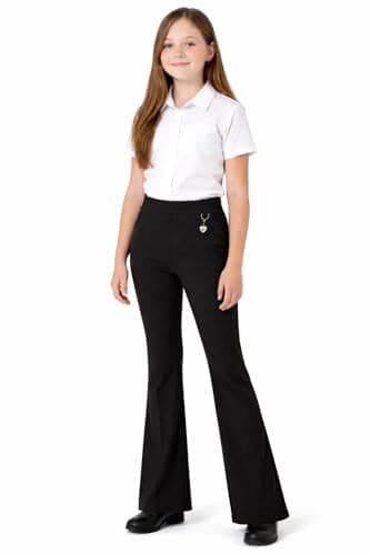 Image of Girls School Uniform Bootleg Trousers Stretchy Jersey Pants with Heart Pendant Ages 2–17 Years (Black 13-14 Years)