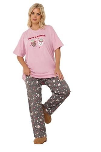 Image of Yours Curve Pink 'Berry Sweet' Wide Leg Pyjama Set - Women's - Plus Size Curve