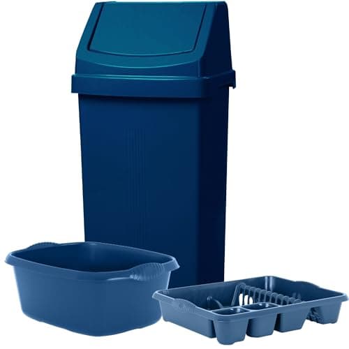 Image of KetoPlastics 3 Piece Navy Kitchen Set - 50L Kitchen Bin & 14L Rectangular Washing Up Bowl & Large Dish Drainer For Home Kitchen - Made in UK