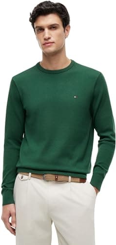 Image of Tommy Hilfiger Men's Essential Ssnl Cotton Crew Neck Mw0Mw39999 Pullover Sweater, Green (Street Green), L