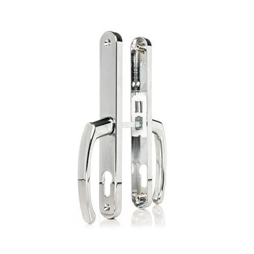 Image of TSS UPVC Door Handles Set Suits Fullex Locks - Lever/Lever - 68mm PZ (Centres) - 215mm Screw to Screw - Backplate 245mm X 34mm - UPVC, Replacement PVC Handles (Polished Chrome)