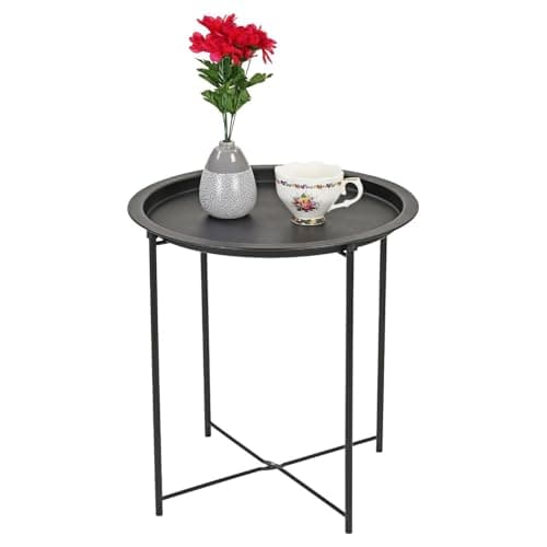 Image of Livhome Folding Metal Side Table, Round Tray Table with Removable Top, Black Butler’s Tray, Drinks or Snack Table for Indoors or Outdoors