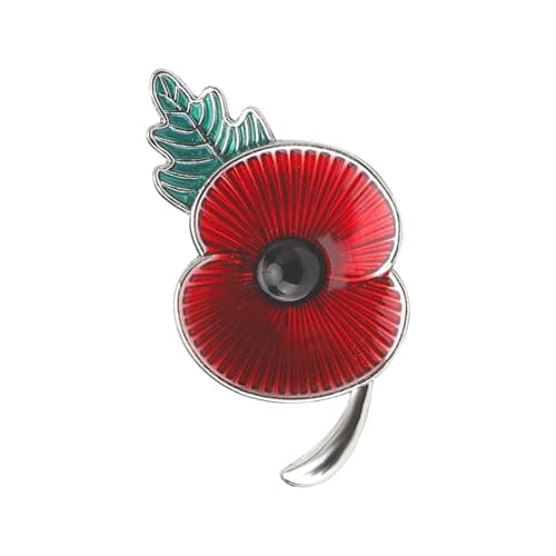 Image of DAWRIS Red Poppy Pin Poppy Badge, Poppy Badges and Pins Poppy Brooches for Women Remembrance Pin Badges Poppy Pin Badge, Enamel with Green Leaf Alloy Remembrance Day Pin Badges (Silver)