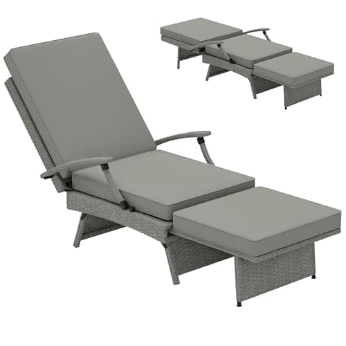 Image of Outsunny Outdoor PE Rattan Recliner Chair with Cushion, Foldable Design Garden Recliner Chair with Retractable Footrest and Adjustable Back with 80° Recline, Light Grey