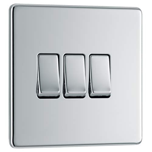 Image of BG Electrical Triple Wall Light Switch, 2 Way, Screwless Front Plate, Slim Profile, Premium Flatplate, Polished Chrome, 20A, 16AX, FPC43