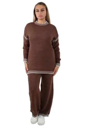 Image of STAR FASHION Women's Italian Patch Work Knitted Co-Ord Set Loungewear Tracksuit Ladies Long Sleeve Pullover Top Bottom 2 Piece Set Soft Knit 8-16 Brown