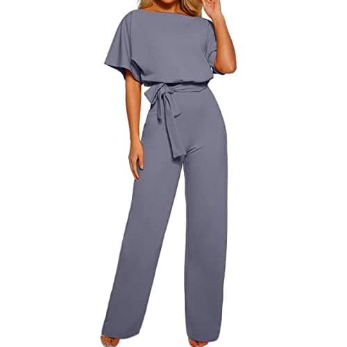 Image of OVARA Jumpsuits for Women UK Elegant Short Sleeve Romper Playsuit Ladies Plain Casual Sraight Leg All In One Jumpsuit Summer Comfy Classic One Piece Pants Onesies with Belt
