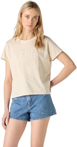 Image of Levi's Women's T-Shirt Boxy with Logo, Crew Neck, Beige (SRT Applique Varsity), XS