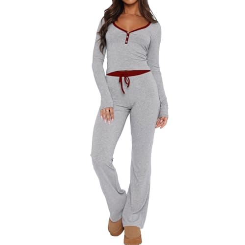 Image of LACOZY Pajama Sets Long Sleeve Casual Top Matching Lounge Y2K Stretchy Slim Fit 2 Piece V Neck Color Block Gray L