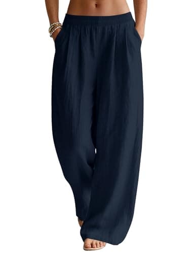 Image of Rapbin Linen Trousers Womens Wide Leg Pants Ladies Summer Casual Elasticated Trousers with Pockets Navy Blue XL