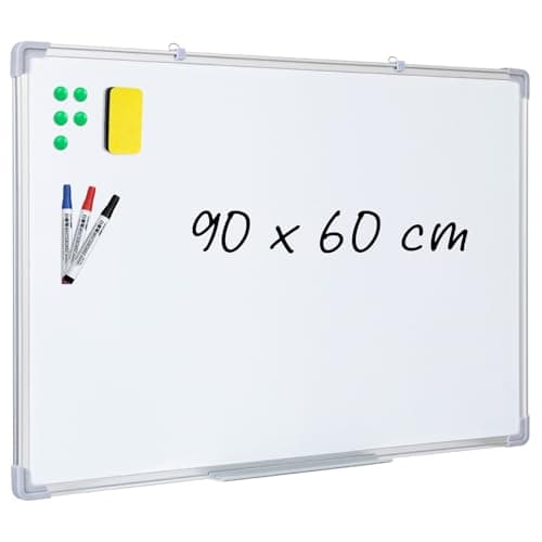 Image of Magnetic Whiteboard 90 x 60 cm Large Dry Erase White Board Double Sided, Silver Aluminium Frame, Big Whiteboard Wipe Board for Wall Office School Home Classroom, Includes 3 Markers 5 Magnets 1 Eraser