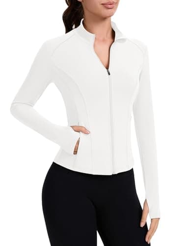 Image of IECCP Gym Tops for Women UK Sport Running Jackets Long Sleeve Workout Fitess Activewear Lightweight Moisture Wicking Yoga Tops with Thumb Hole Zip and Side Pocket White M