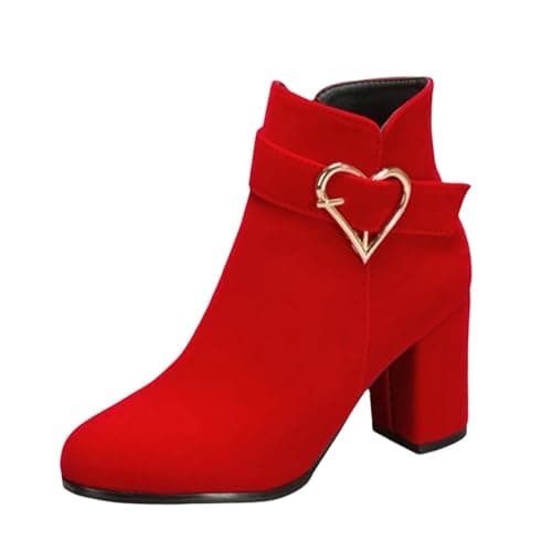 Image of Momolaa Red Women's Side Zip Chunky Heels Ankle Boots,Faux Suede Round Toe Block High Heel Ankle Boots Vintage Elegant Short Boots Fall Winter Shoes with Heart-Shaped Buckle Decor Footwear Gift UK 5