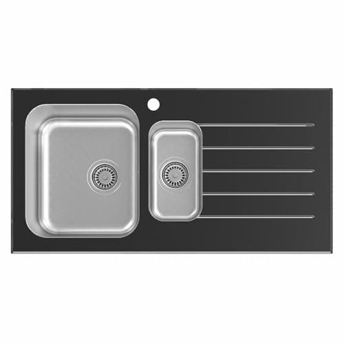 Image of SÄUBER® 1000 x 500mm Stainless Steel Kitchen Sink Black Glass Surround 1.5 Bowl Inset Drop in Installation, Right Hand Drainer, Free Basket Strainer Waste