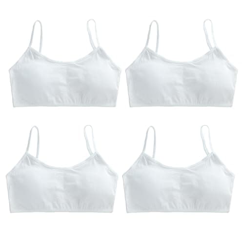 Image of FUIPVGI 4 Pack Sports Bra for Girls, Soft Cotton Girls Sports Bra Vest Training Bras Underwear with Removable Pads, Crop Top Bra for Girls 9-14 Years (White)