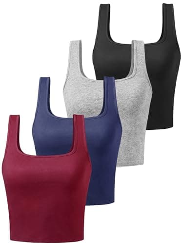 Image of BryticFlow Cotton Crop Tops for Women Tank Tops Ladies Square Neck Going Out Tops Gym Athletic Sports Shirts Exercise Undershirts 4 Pack Black/Grey/Navy/Burgendy L