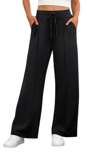 Image of PrinStory Black Trousers Women Elasticated Waist Straight Leg Stretch Yoga Pants Casual Drawstring Office Work Trousers With Pockets (Black, S)